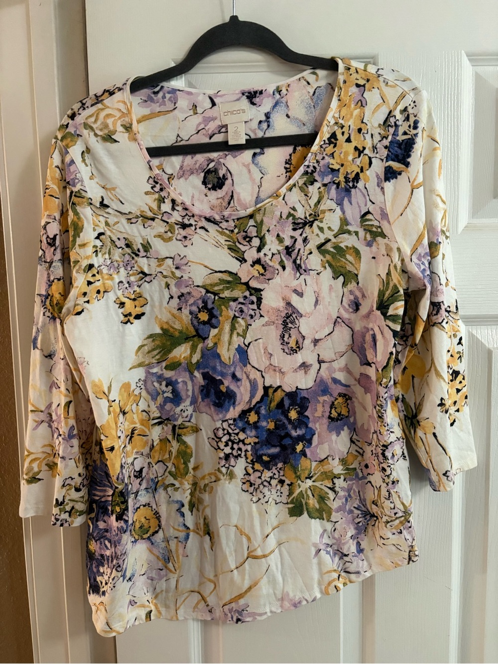 Chico's 3/4 sleeves blouse top floral scoop neck comfy stretch beach office L